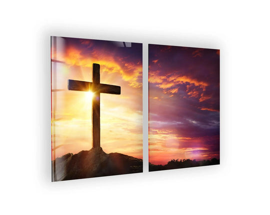 The Jesus Christ Cross glass wall art features a sunset motif and divine beauty and it is inspirational decor with a UV print and religious theme