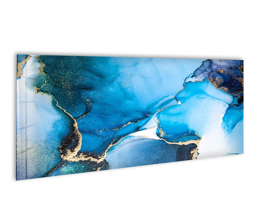Fluid shades of blue ebb and flow across this glass wall art, creating a captivating sense of movement in this piece of decorative wall art.