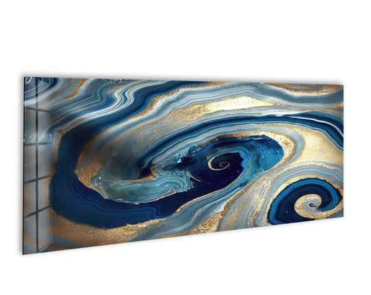 Spiraling concentric geometries form the captivating patterns in this swirl of blue and gold marble abstract tempered glass wall art.