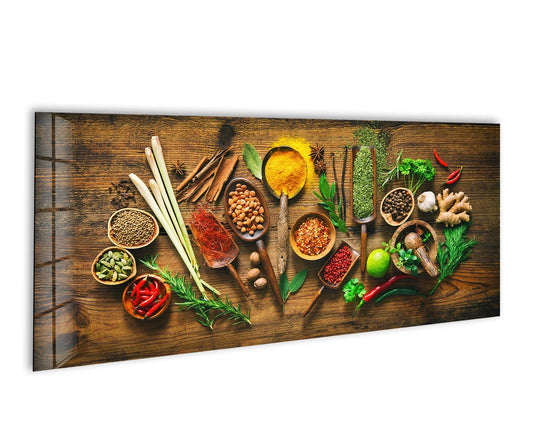 Foreground showcases the vibrant colors and textures of the herbs and spices in this colorful herbs and spices wall art prints set on glass.
