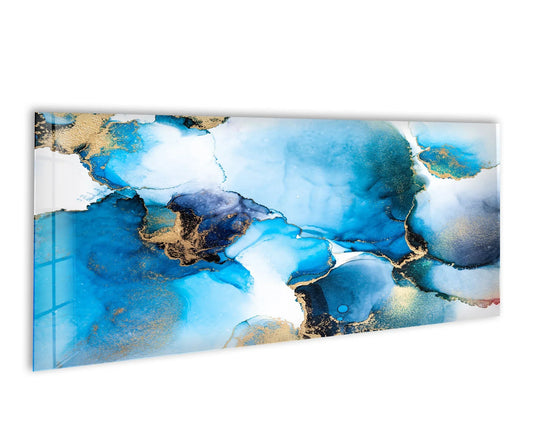 Horizontal rectangular luxury blue and white fluid art abstract wall art prints on glass creates an artistic shape.