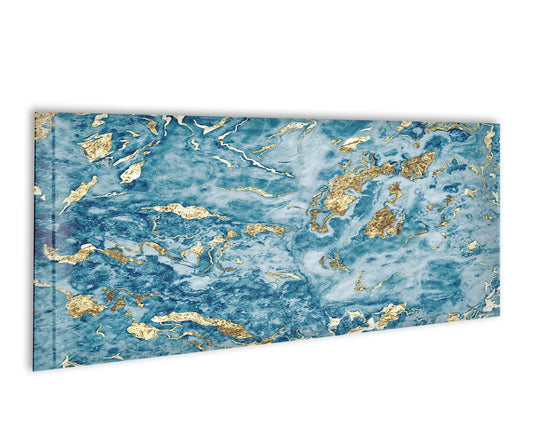 Rich color saturation enhances the light blue and gold marble abstract glass wall art, making it a stunning home decoration piece.