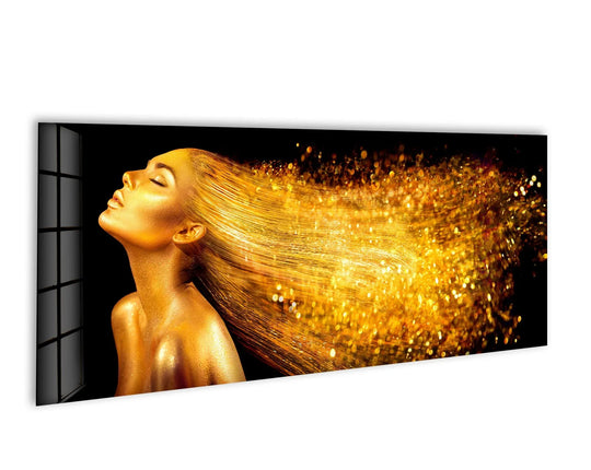 Mysterious golden woman and her glistening hair evoke a radiant, mesmerizing mood in this captivating glass wall art, ideal for luxury home decoration.