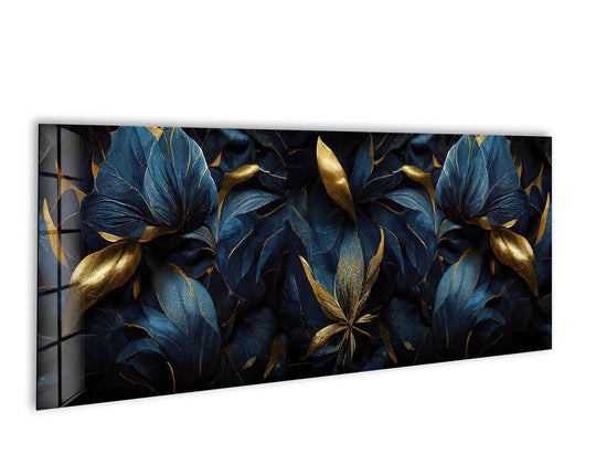 Tempered glass reflects in the borders of this luxurious golden and dark blue floral glass wall art decor, creating a dimensional effect with the crisp edges.