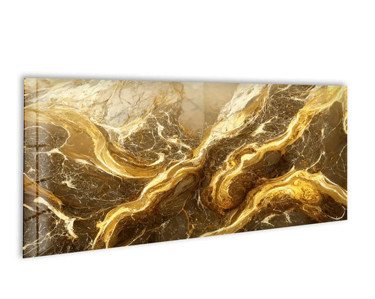 Gleaming gold streaks define the loudest element in this luxurious Gold and White Marble Abstract glass wall art, showcasing high-quality glass printing.