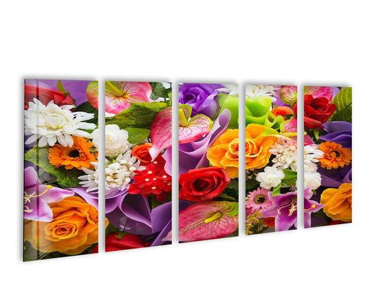This vibrant flower bunch glass wall art features colorful roses and daisies and is a perfect floral art accent