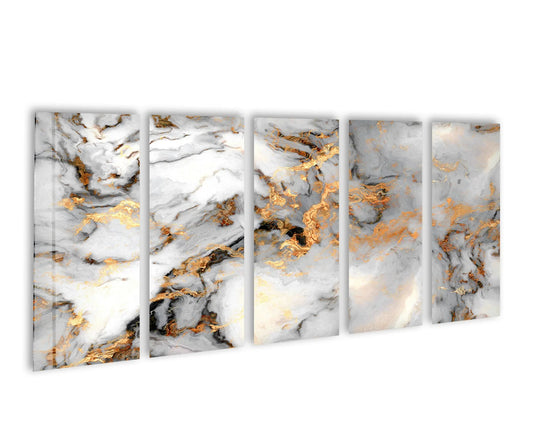The darkest area showcases intricate, shadowy details within the grey and gold marble wall art prints, highlighting the depth of the five-piece glass set.