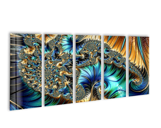 Polished edges define each panel of this five-piece fractal abstract glass wall art, a striking piece of home decoration with rich blues and gold.