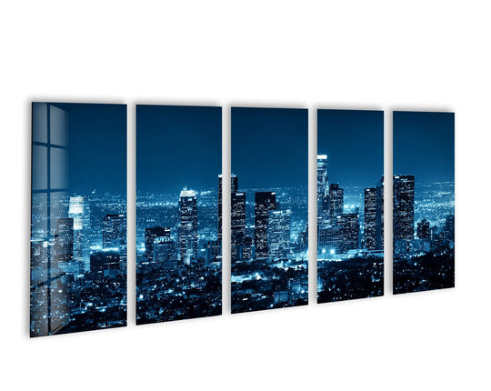 Silhouetted by a twinkling cityscape, the inky background of this 'Los Angeles Night Cityscape' five-piece glass wall art decor highlights the urban skyline.