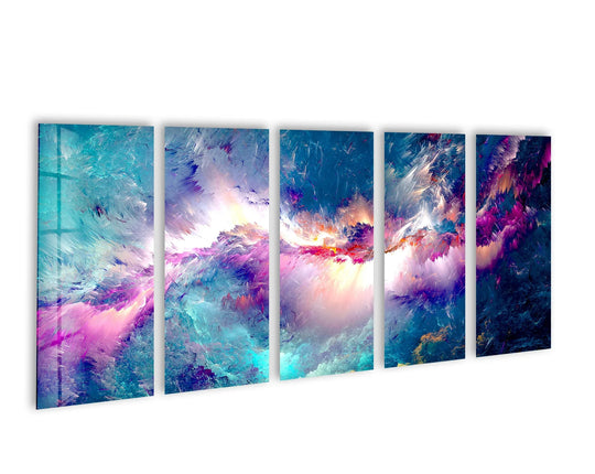 This abstract glass wall art features fractal clouds in blue and purple tones and makes vivid wall decor and a five piece art set