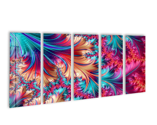 Glowing with gold, the brightest area illuminates this vivid purple and blue fractal abstract tempered glass wall art, a stunning five-piece design.