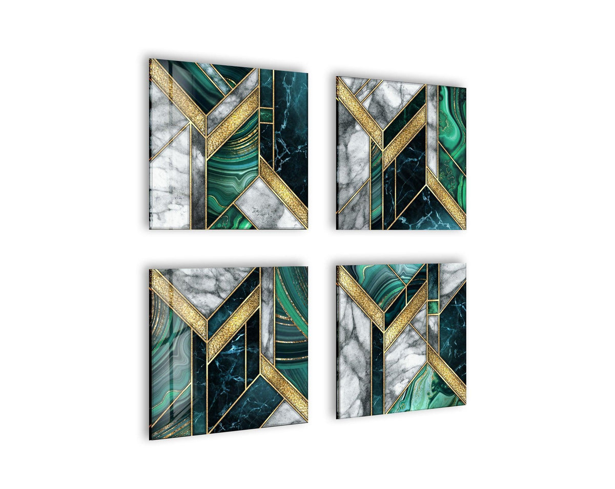 The focal point highlights the green and gold marble geometric abstract glass wall artwork, showcasing the elegant design and modern appeal of each panel.