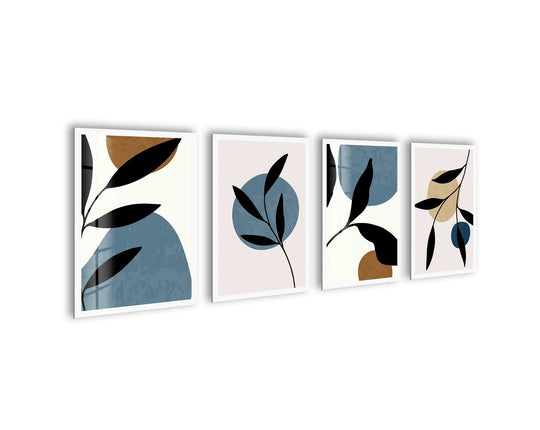 Minimalist botanical leaves glass wall art features abstract designs with blue and brown accents and is modern glass art and a botanical leaves art print