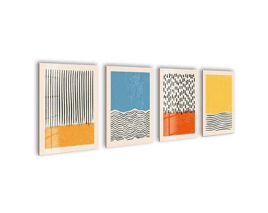 The minimalist glass wall art features abstract bohemian designs and modern art and is perfect for wall decor and the set of four pieces is on a white wall