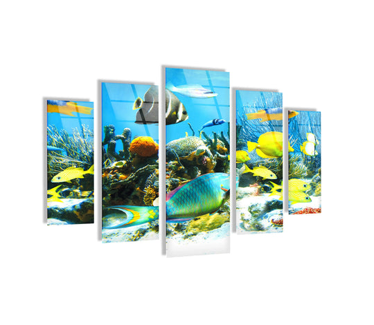 Showcasing the focal point, this five-piece Underwater World Animal glass wall art beautifully depicts a vibrant reef scene through intricate glass printing.