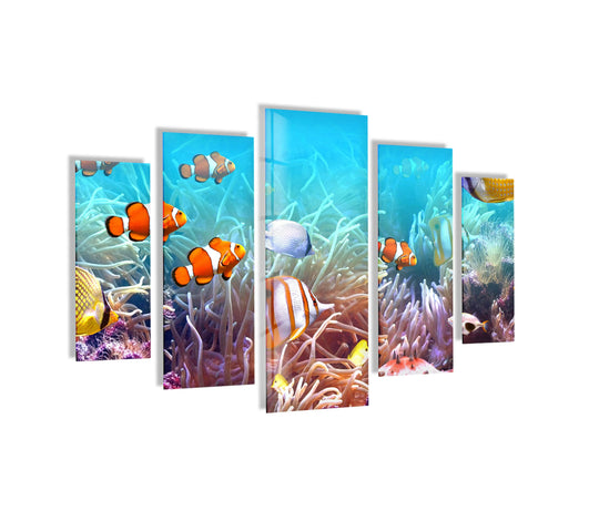 Featuring a glossy finish, the 'Clownfishes On The Seabed' best glass art wall decor has vibrant colors and a reflective sheen that enhances its marine life depiction.