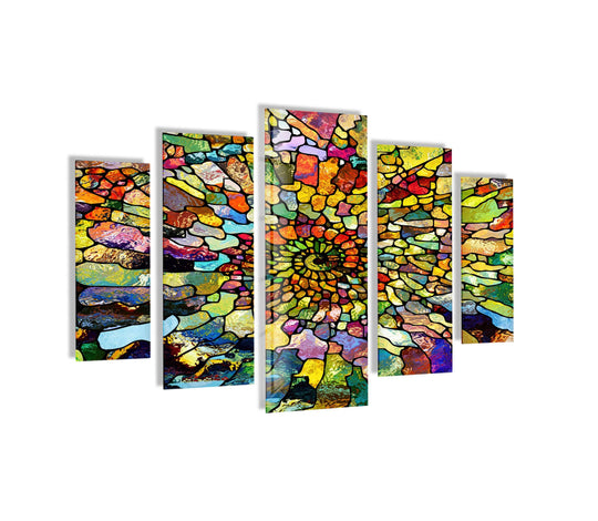 Negative space defines the abstract fractal pattern in this colorful stained glass decorative wall art, adding depth and visual interest to this five-piece decor.
