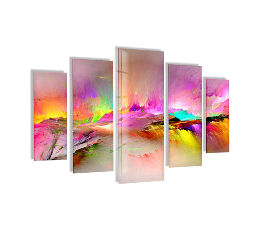 This colorful landscape is a vivid pink and yellow clouds abstract glass wall art and a five piece glass wall decor for home and office with vibrant prints