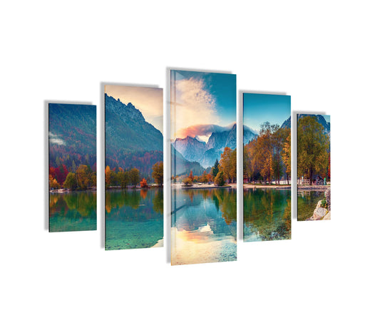 This glossy glass wall art shows a mountain and lake nature scene and it is stunning nature decor with vibrant reflections and autumn colors