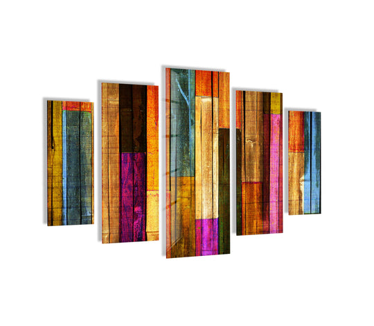Intense color saturation emphasizes the vibrant hues found in this colorful wooden pattern wall art prints across five sleek glass panels.