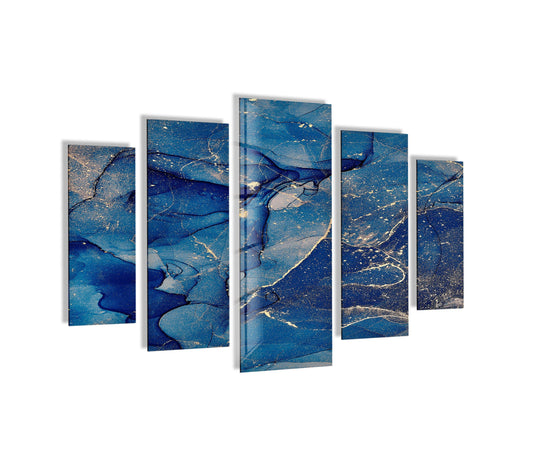 Mysterious dark blue and gold shimmer alcohol ink glass wall art evokes a serene mood, offering a striking piece of home decor with its contemporary design.