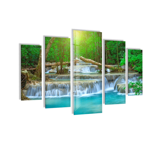 Thailand turquoise waterfall landscape glass wall art shows a cascading falls in a forest setting and is a great nature scenery glass wall art selection