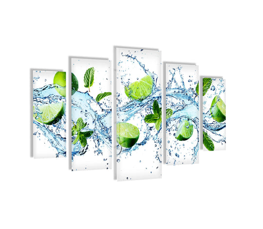 Horizontally oriented five-panel Fresh Limes With Water Splash Glass Wall Art, offering a unique shape for home decoration.