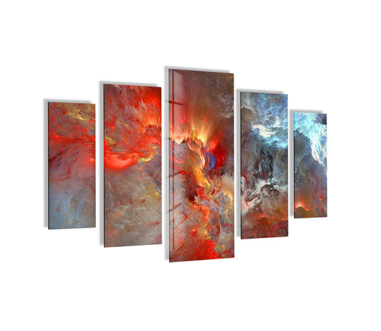 The abstract art shows red and blue cosmic clouds and the glass wall art is ready to hang as home decor and is part of the 5 piece wall art