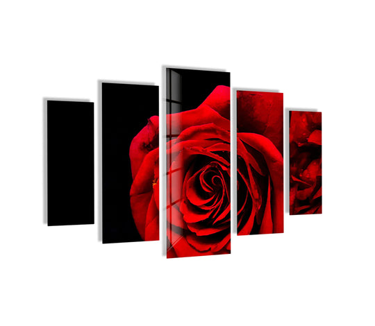 Red rose close up glass wall art shows a floral motif with deep red tones and is a romantic wall decor piece and a five piece glass wall art set