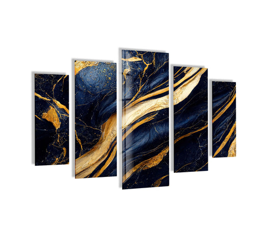 The stillness of the navy blue marble design in this five-piece glass wall art offers the best glass art in an elegant display of golden veins.