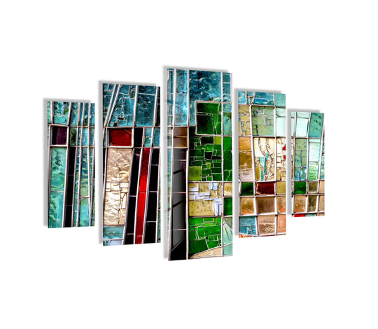 Vertical and rectangular five-piece abstract stained hanging wall art depicts a colorful mosaic design, arranged in staggered heights.