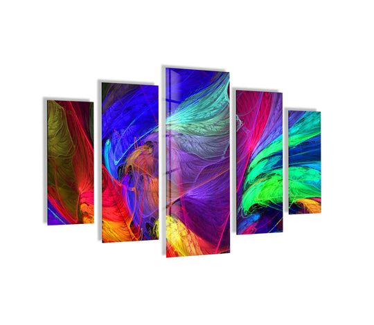This abstract glass wall art features colorful neon brushstrokes and bold hues and brings vibrant energy as a five piece glass wall decor