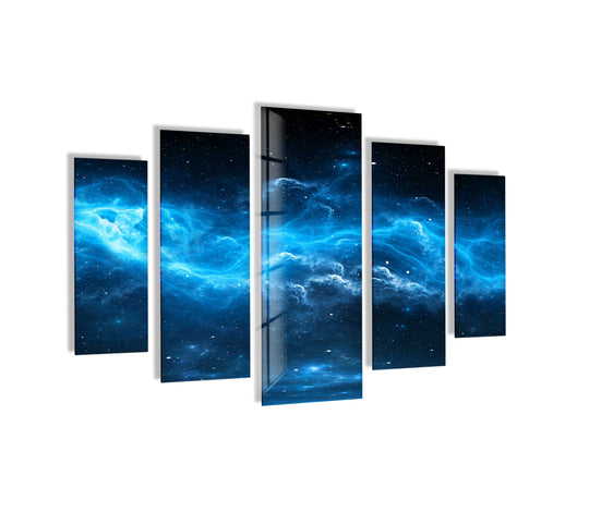 White negative space surrounds the five panels of nebula star best glass art, drawing focus to the expansive blue galaxy.