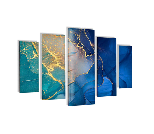 Five-panel abstract glass wall art featuring turquoise and blue alcohol ink designs with gold accents offers a modern home decoration.