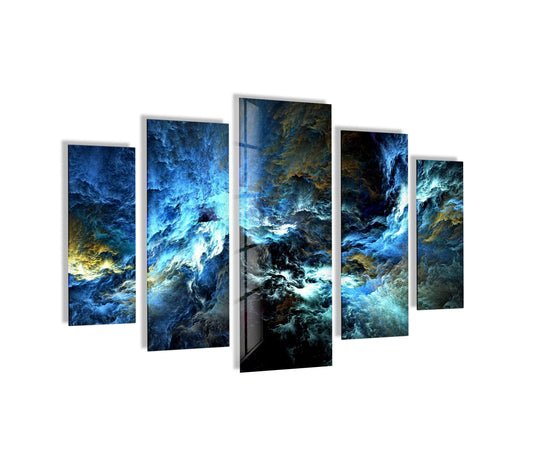 Displaying an ethereal abstract quality, the 'Cosmic Blue Storm' presents stunning glass art with swirling blues and golden hues resembling a celestial phenomenon.
