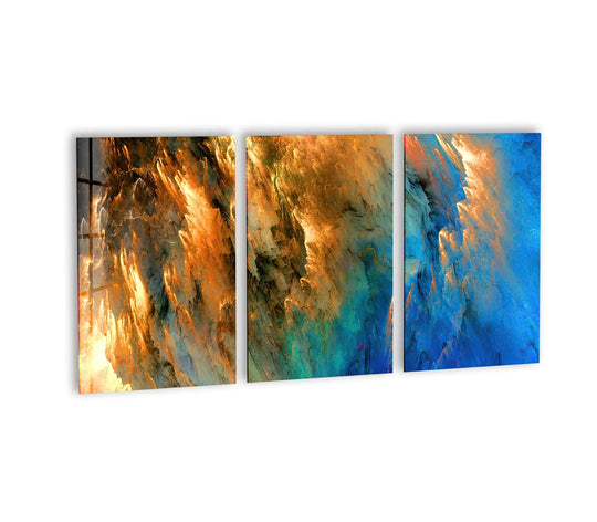 This glossy glass wall art shows a blue and yellow cloudy abstract design and provides vibrant glass decor for a modern wall art home gallery