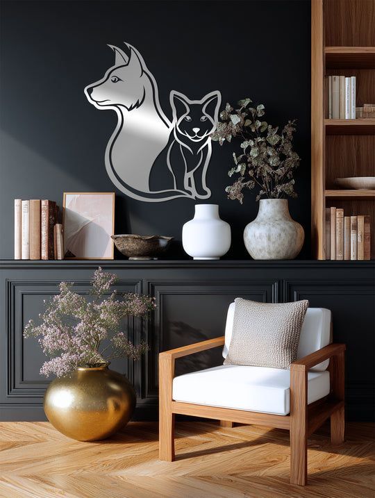 Subtle gradations in color define the dog and cat figures in this captivating metal wall decor, illustrating a faithful companions theme with understated elegance.