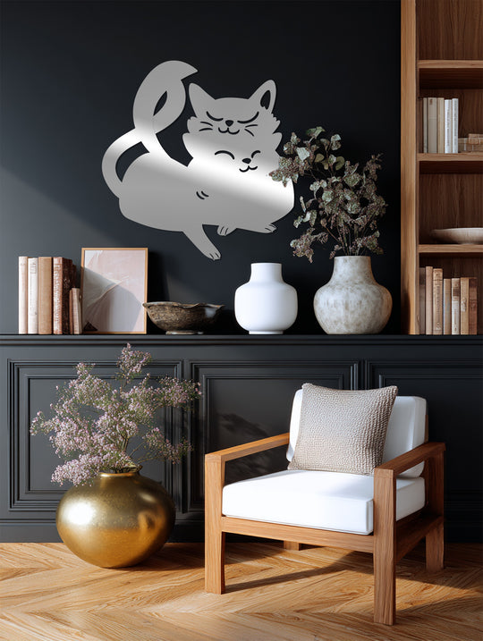 The stillness of the room is enhanced by the minimalist Whisker Bliss cat silhouette metal art for wall, radiating a sense of quiet charm.