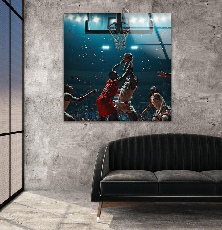 Action-packed basketball wall art on glass featuring athletes struggling beneath the rim.