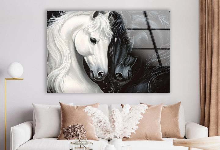 Black and white horse portrait glass art showcasing emotional connection between two horses.
