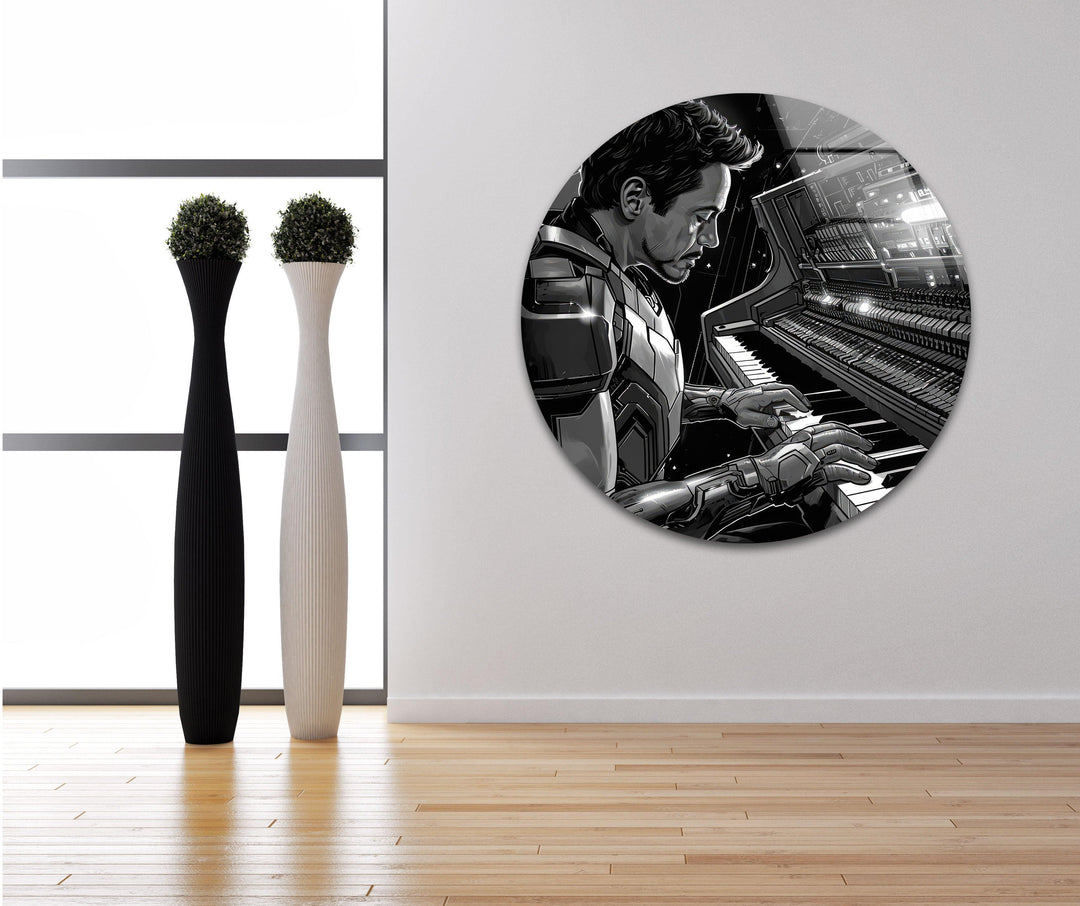 Featuring sleek edges, this round Pianist Iron Man glass wall art showcases unique modern wall decor with a borderless design that enhances the superhero artwork.