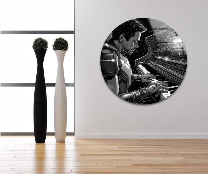 Featuring sleek edges, this round Pianist Iron Man glass wall art showcases unique modern wall decor with a borderless design that enhances the superhero artwork.