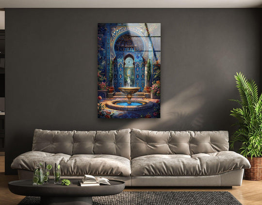 An elegant Persian courtyard featuring a fountain is presented on gleaming glass wall artwork.
