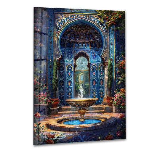 A vibrant Persian courtyard features organically shaped fountains, blooming roses, and archways within this hanging wall art.