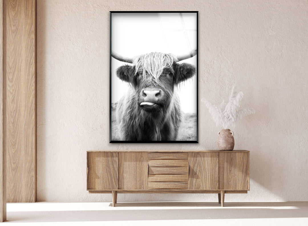 Black and white farm animal artwork on glass featuring a Highland cow looking directly at the viewer.