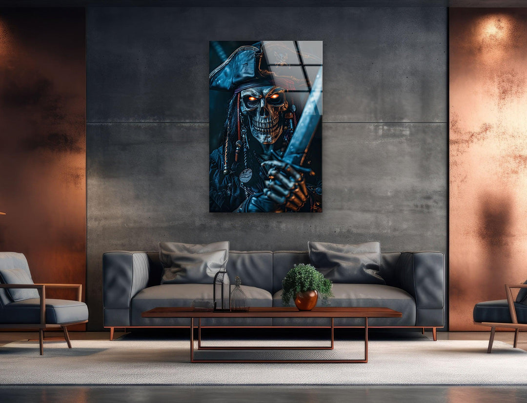 Creepy Skeleton Pirate Captain Glass Wall Art glass pictures for Wall, glass prints wall art
