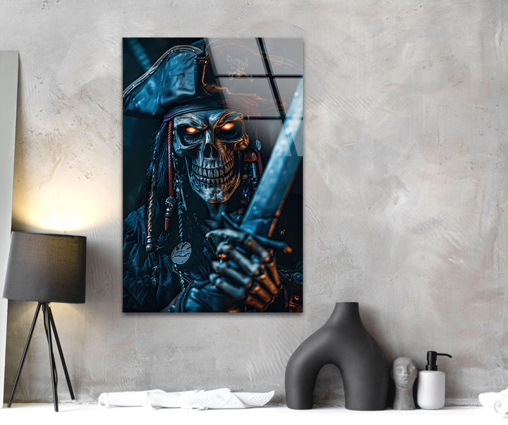 Creepy Skeleton Pirate Captain Glass Wall Art custom glass pictures, glass art prints
