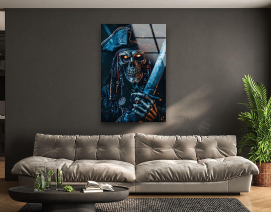 Smooth surface texture highlighting the undead pirate captain skull in best glass art with a sword, a sleek and striking glass wall art piece.
