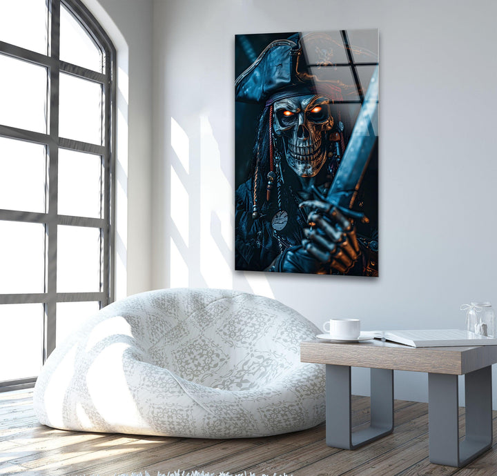 Gruseliges Skelett-Piratenkapitän-Wandbild aus Glas