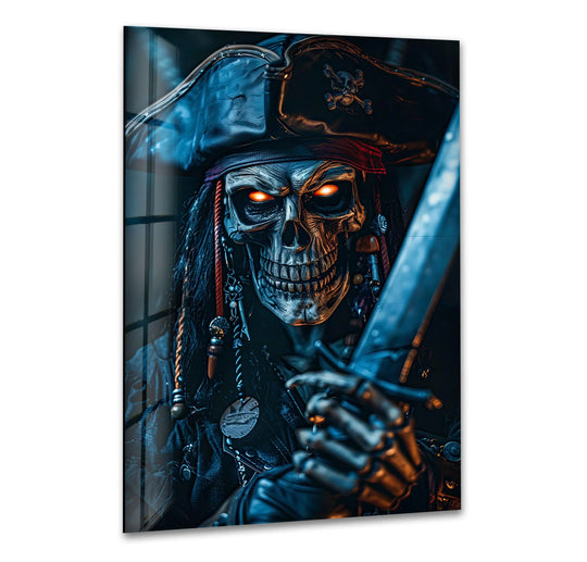 Glowing orange eyes are the brightest part of this undead pirate captain skull in dark fantasy glass wall art decor, wielding a sword.